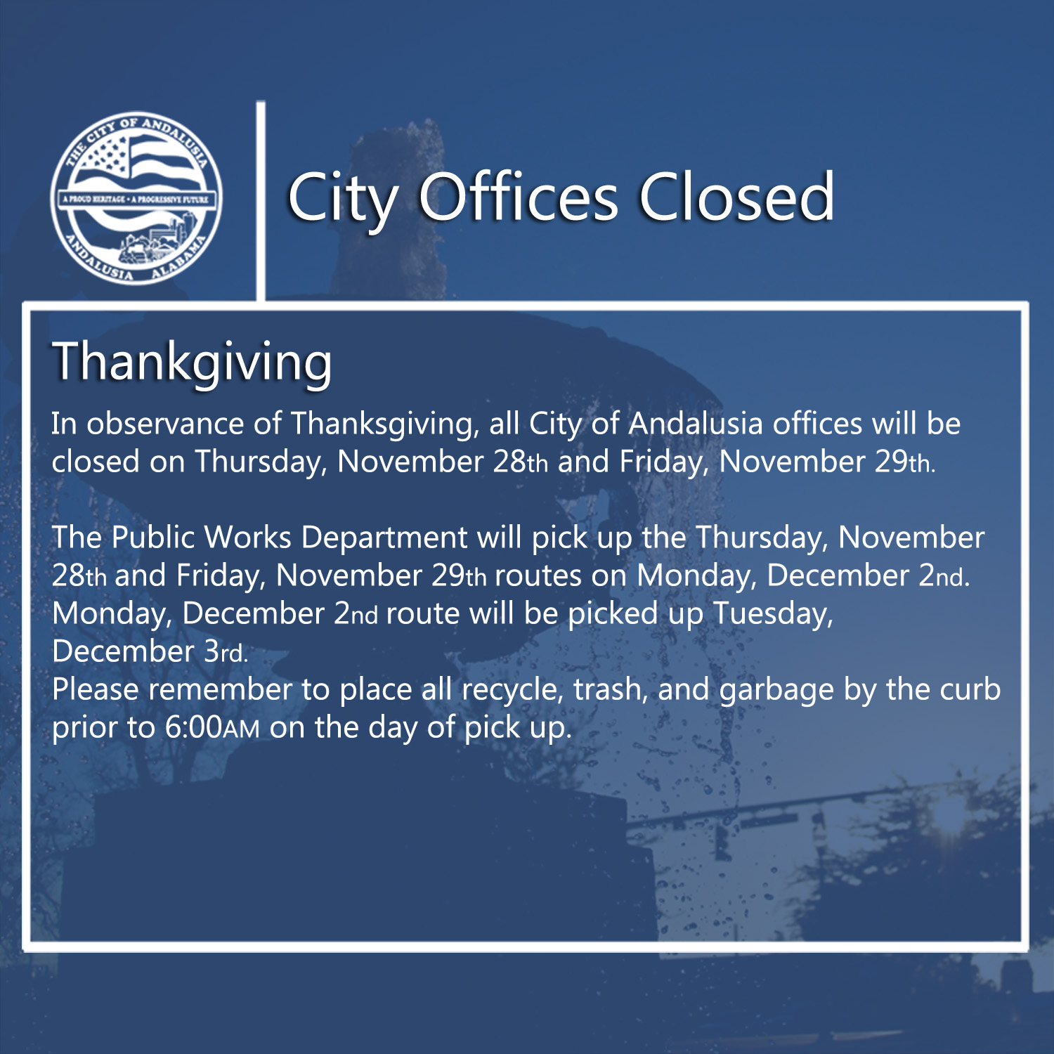 Facebook City Offices Closed Thanksgiving 2019