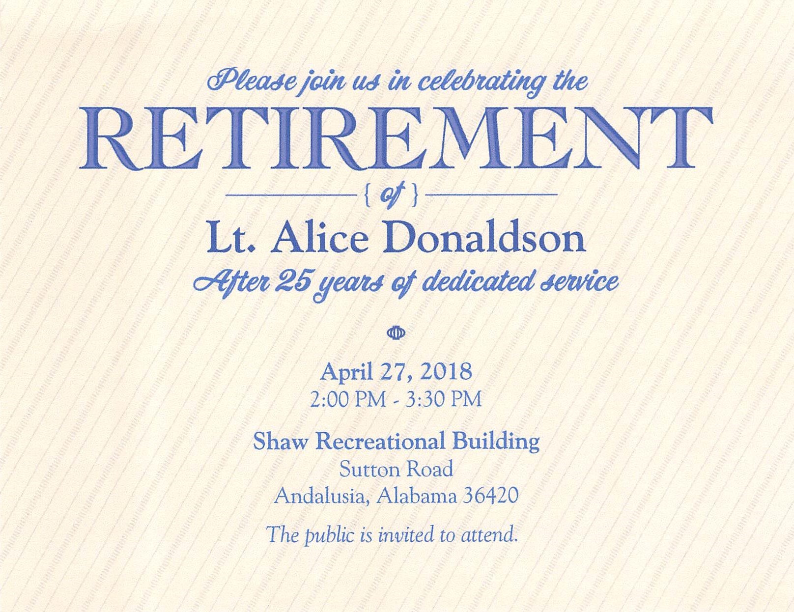 Retirement Lt. Alice Donaldson